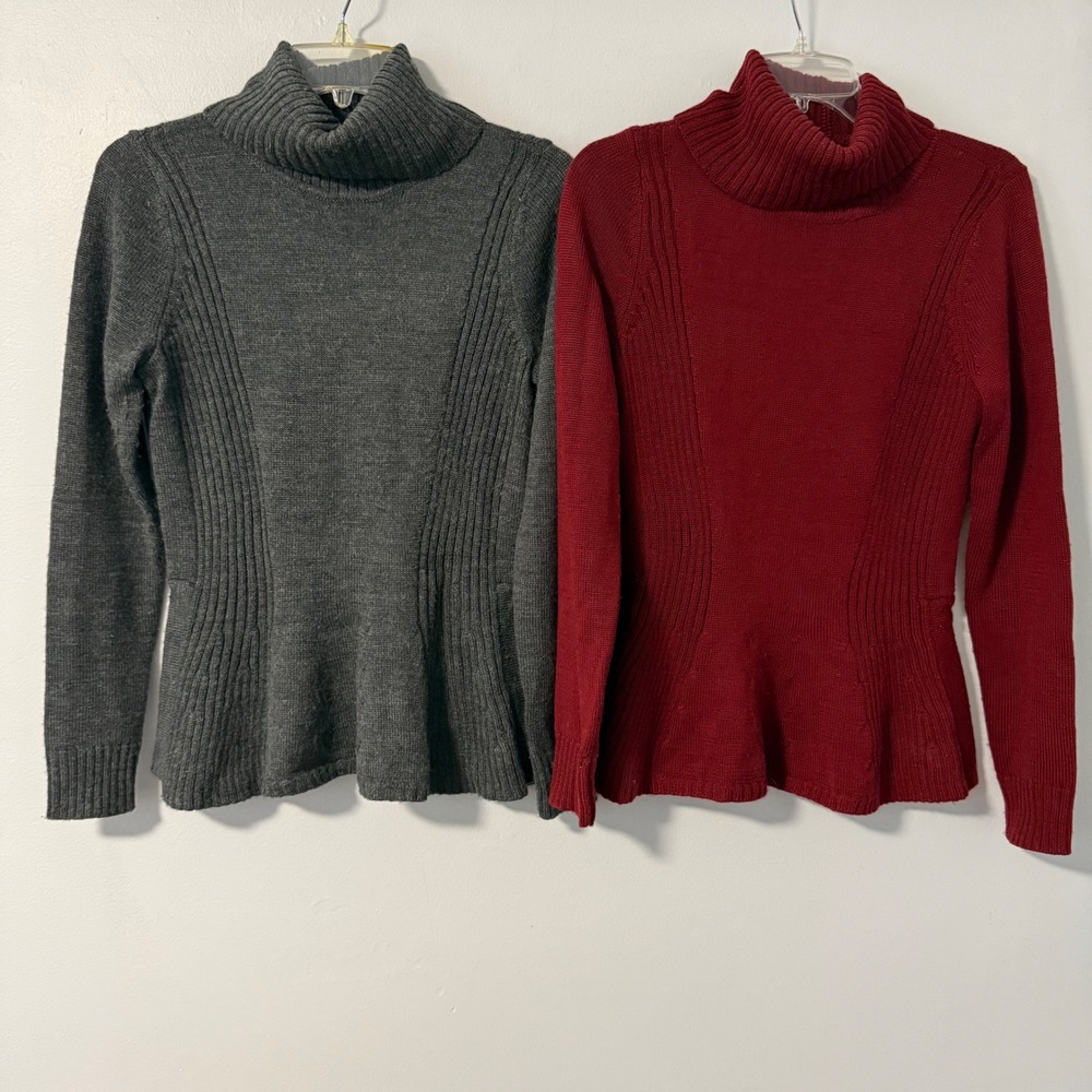 The Limited Sweater Bundle 2 Peplum Turtleneck Grey Burgundy Wool Blend Knit S